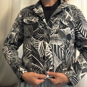 Chico's Black and White Leaf Print Jean Jacket Size 1